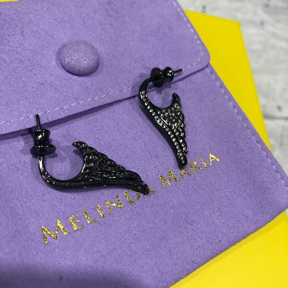 Melinda Maria Gunmetal Wing Hoop Earrings with Crystal Accents - Picture 5 of 7